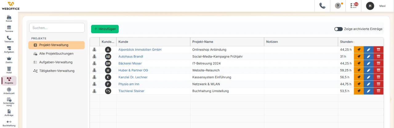 Projektverwaltung in weboffice mit Kunde, Projektname und gebuchten Stunden