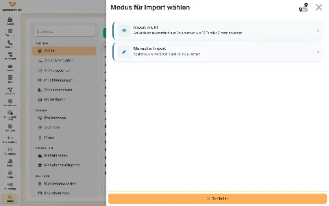 Import-Dialog in weboffice: Import mit KI aus PDF oder Bild, oder manueller Import mit Excel-Spaltenzuordnung